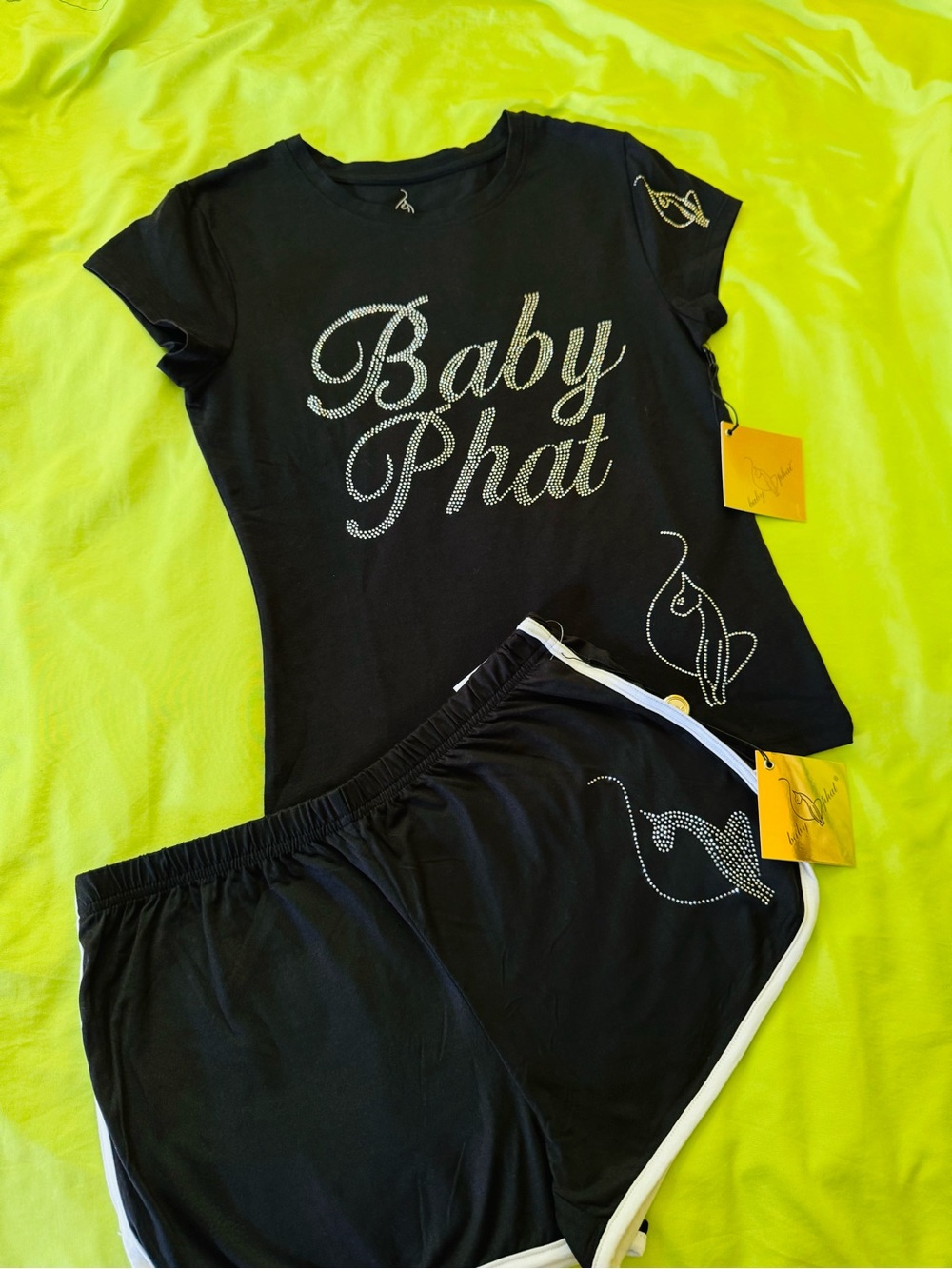 Baby Phat Black Rhinestone Script Tee and Trim Shorts Set